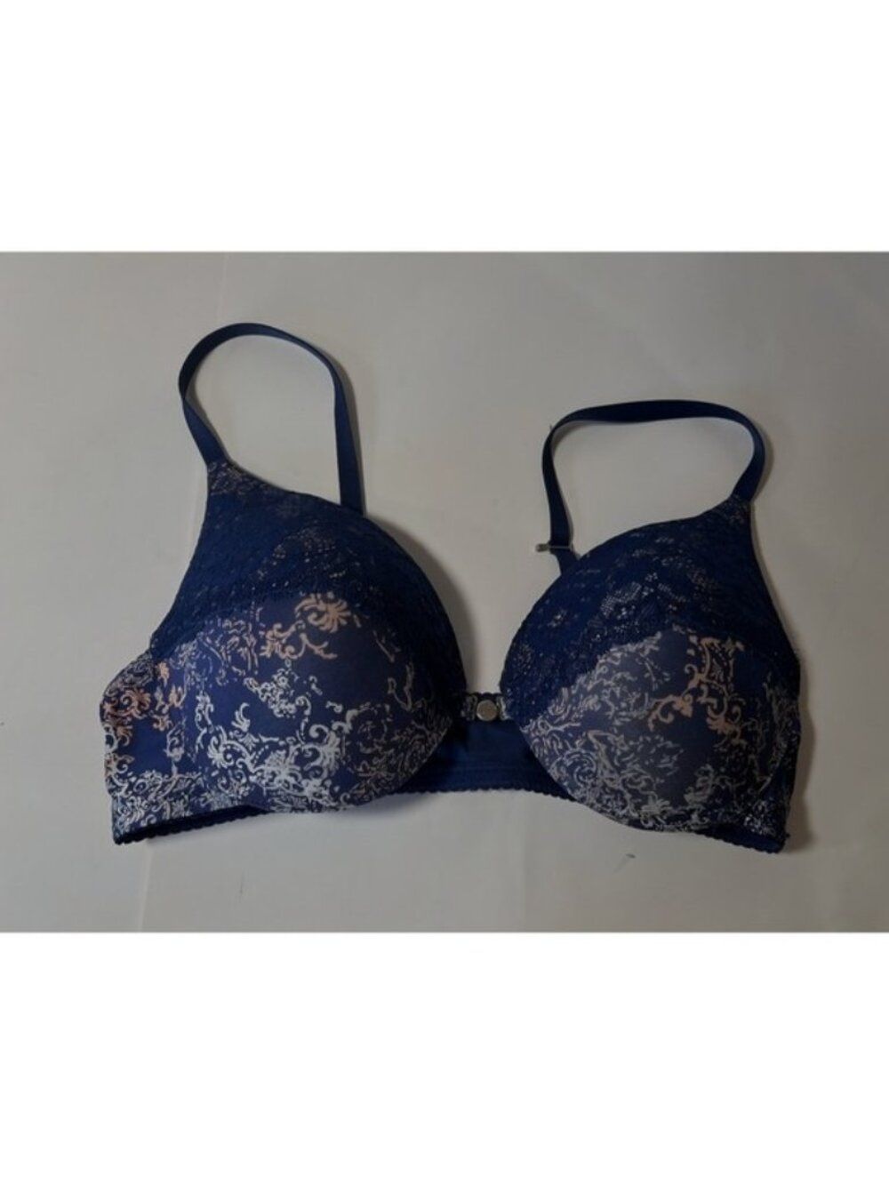 la Vie en Rose Navy Blue Floral Lace Front Close Underwire Bra 36C